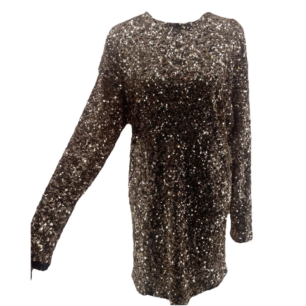 Aura Gold Sequin Dress Women's Medium Mini Long Sleeve Sparkle Stretchy Fairy